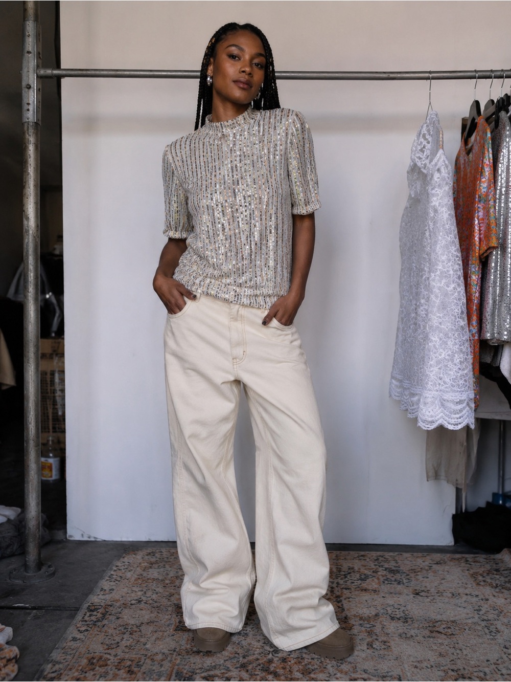 Boston Proper Silver Sequined Short-Sleeve Knit Top